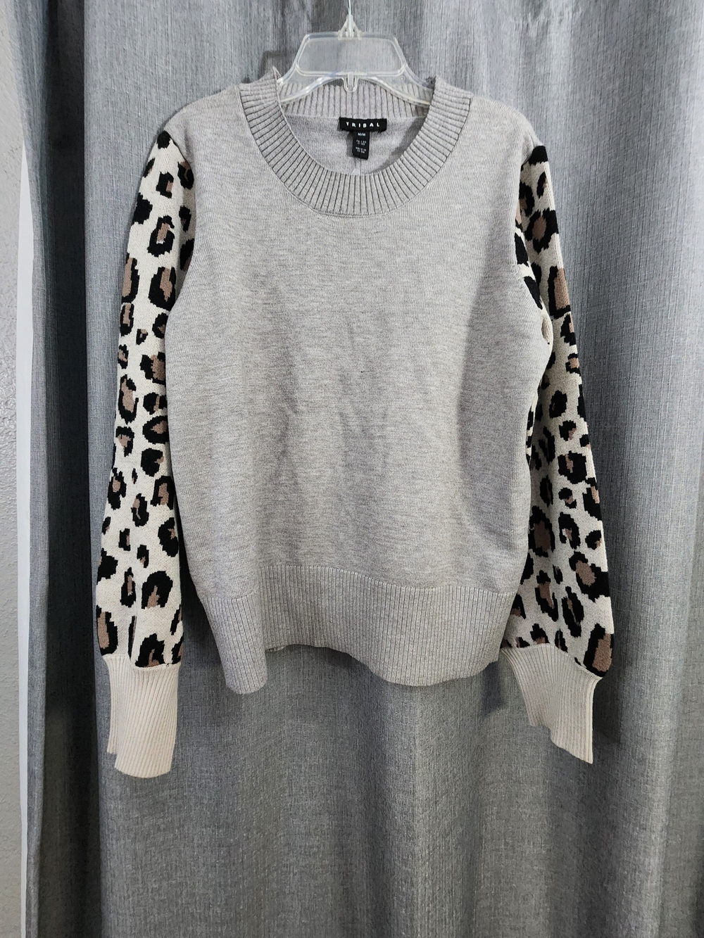 Tribal Light Gray Crewneck Sweater with Leopard Print Sleeves